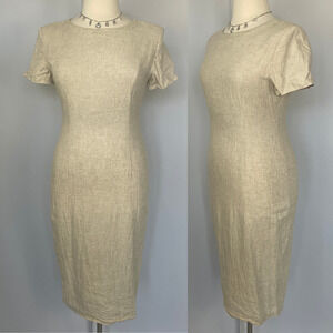 Vintage Pencil Dress Size 14 Tan Beige Midi Linen Office Secretary Minimal 90s
